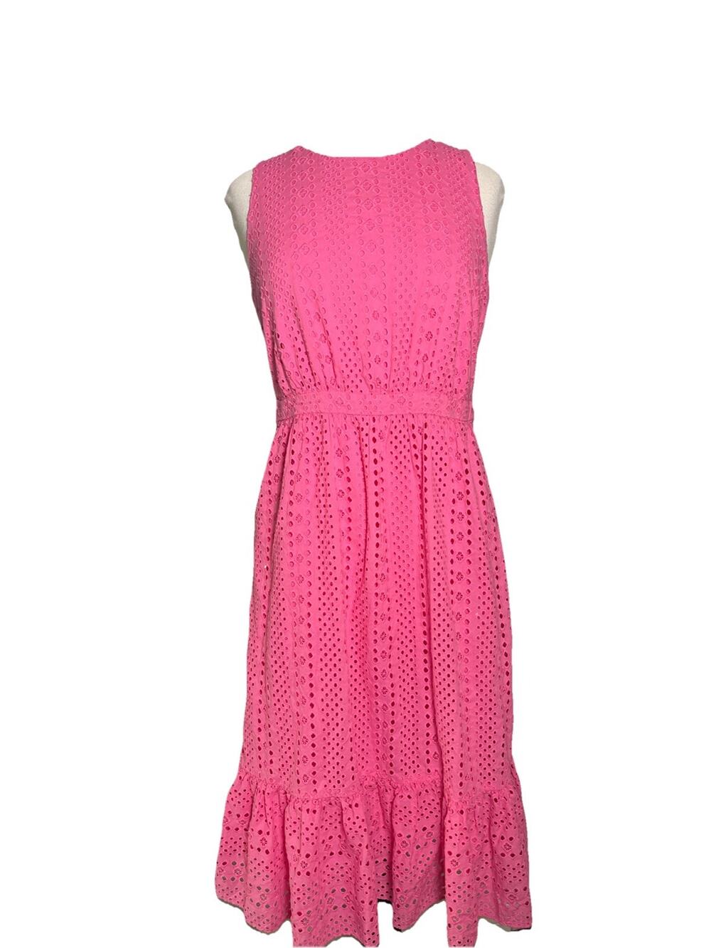 J.Crew hot pink eyelet cotton midi dress sleeveless tiered hem size 8